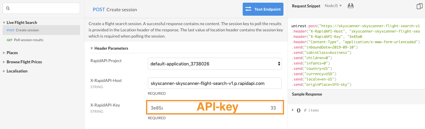 Figure 1: Rapid API Skyscanner and API-key